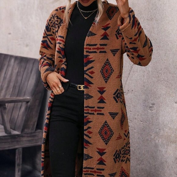 Brown Preppy Womens Geo Print Drop Shoulder Open Front Coat - Picture 2 of 5